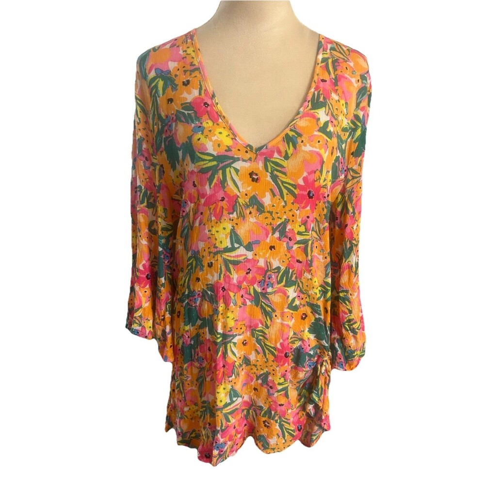 Anne Cole Floral V Neck Dress M/L Relaxed Woven Bell Sleeve Flowy Pullover Tunic